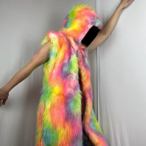 LONG Fur LED Glowing Light Up Coat Burning Man Rave Festival Rainbow Pastel EDC - Picture 11 of 16